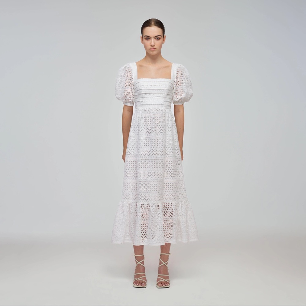 Self-Portrait White Mixed Broderie Puff Sleeve Midi Dress - US 6/UK 10